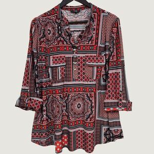 Cocomo Woman Tunic Top Womens 1X Red Patchwork Medallion Roll Tab Sleeve Boho